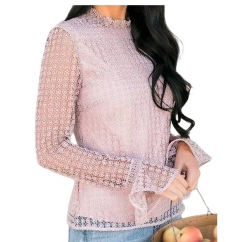 RACHAEL PARCELL Genevieve Dusty Pink Lace Mock Neck Bell Sleeve Top NWOT‎ Small